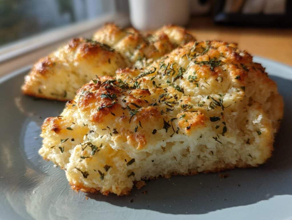 Close-up of golden-brown cloud bread recipe easy keto low carb, topped with green herbs, on a gray plate.
