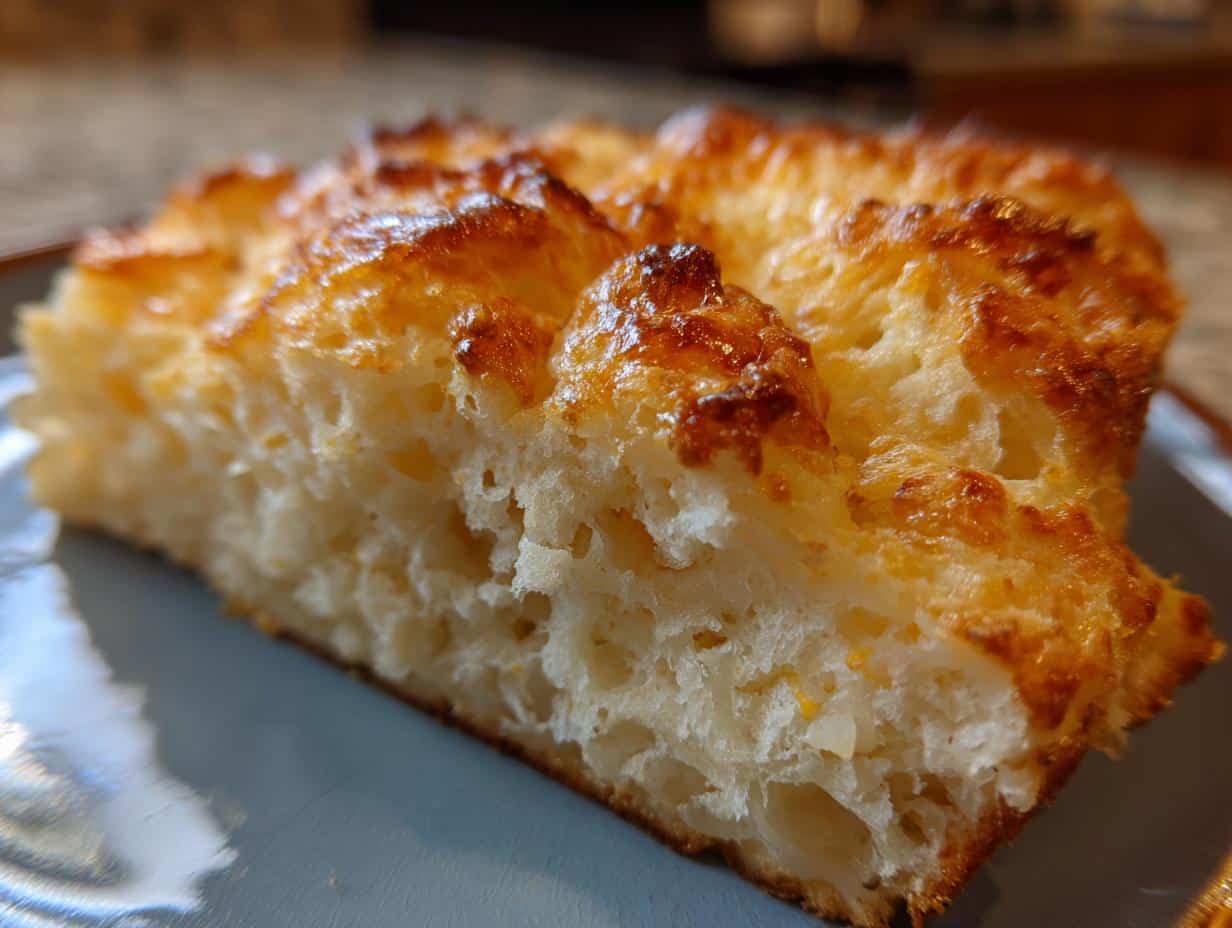 A close-up shot of a slice of golden-brown cloud bread recipe easy keto low carb on a light blue plate, showing its airy texture.