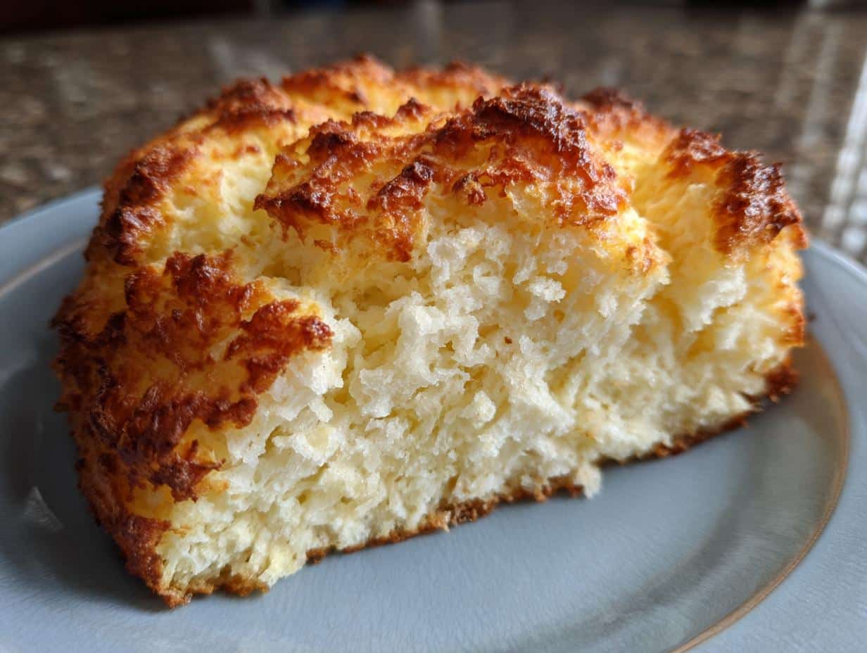 Close-up of a golden brown cloud bread recipe easy keto low carb slice on a grey plate, showing its fluffy texture.