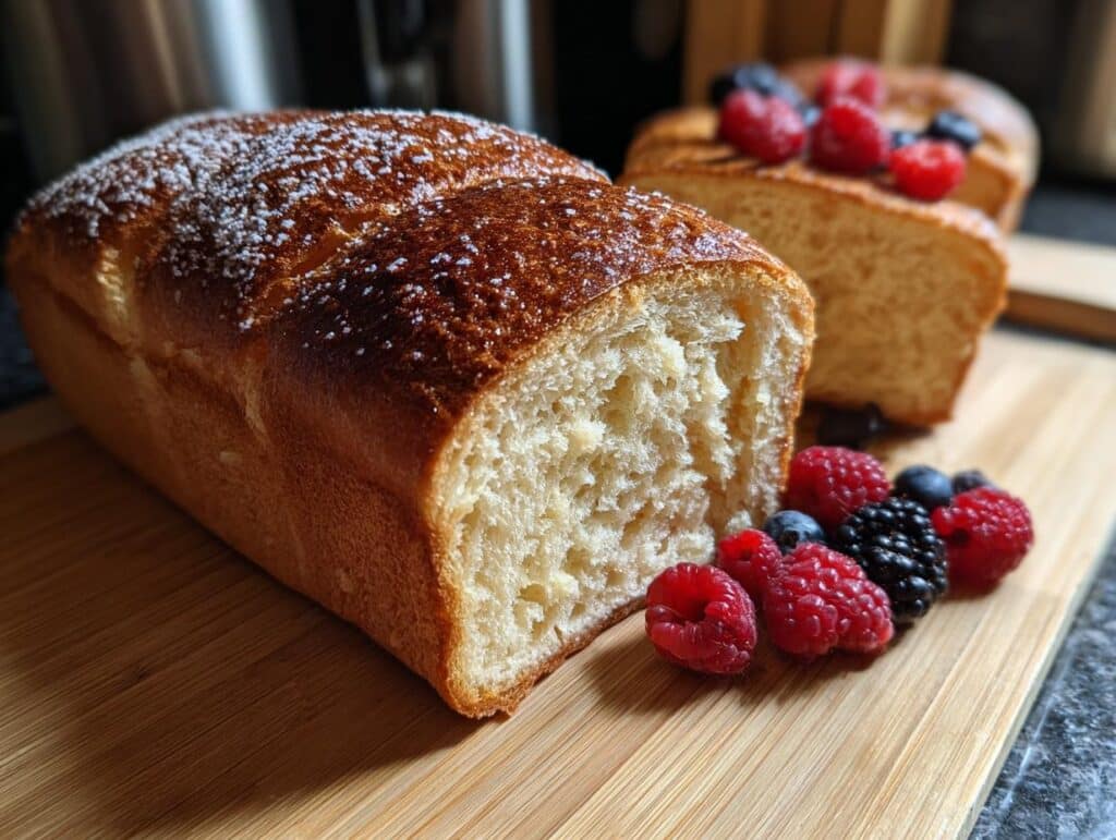 Close-up of Cloud Toast 2.0 loaf with powdered sugar and fresh berries on a wooden board.