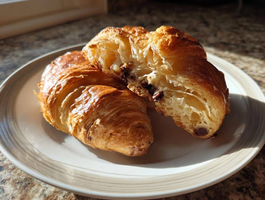 Two golden Cookie Croissants on a plate, one sliced open to show the chocolate filling.