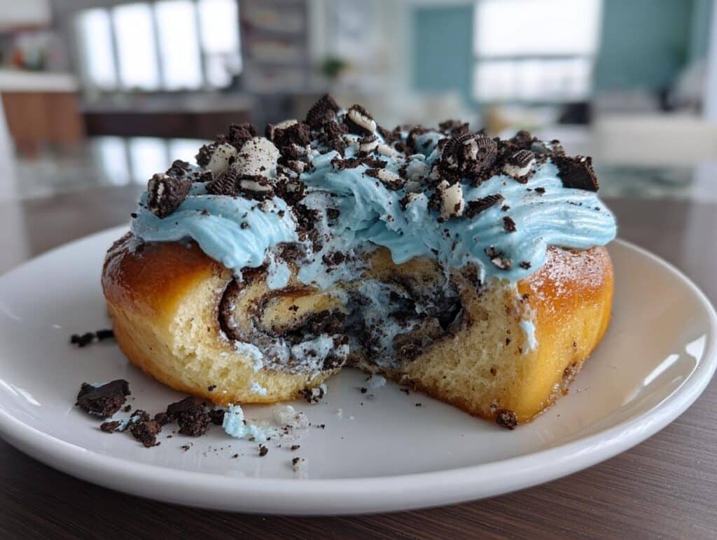 A single Cookie Monster Cinnamon Roll with Oreo Crumbles, featuring blue frosting and a bite taken out, on a white plate.