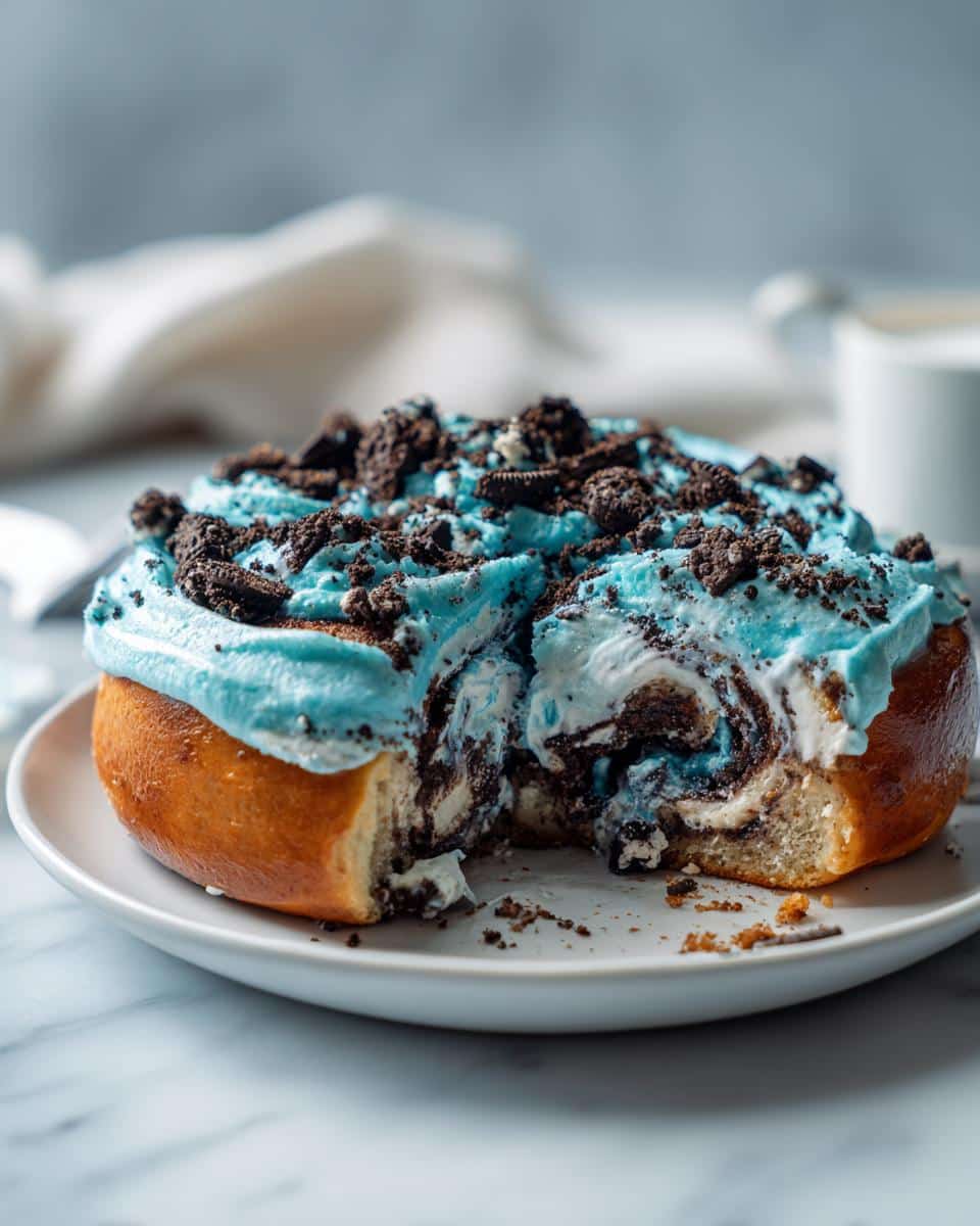 Close-up of a single Cookie Monster Cinnamon Rolls with Oreo Crumbles, showing blue frosting and crushed Oreos.