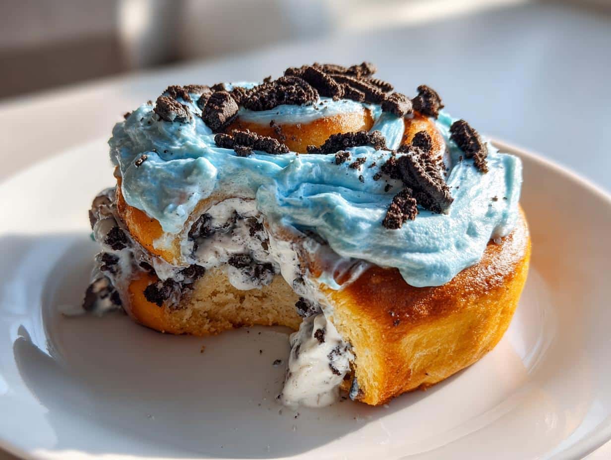 A single Cookie Monster Cinnamon Roll with bright blue frosting and Oreo Crumbles on a white plate, with a bite taken out.