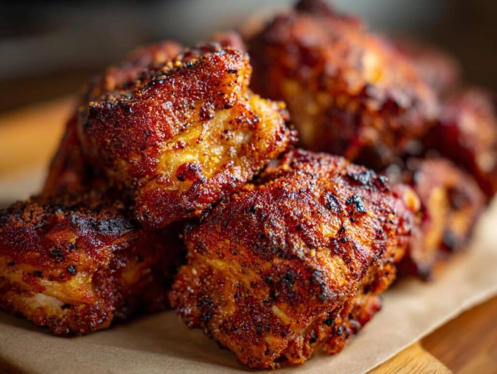 A close-up of seasoned and cooked corn ribs on a wooden board, ready to eat.
