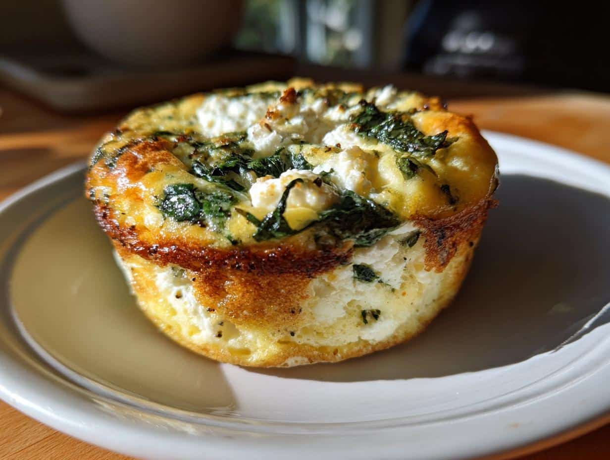 A close-up of a single Cottage Cheese Egg Cup With Spinach & Feta on a white plate, showing golden-brown edges.