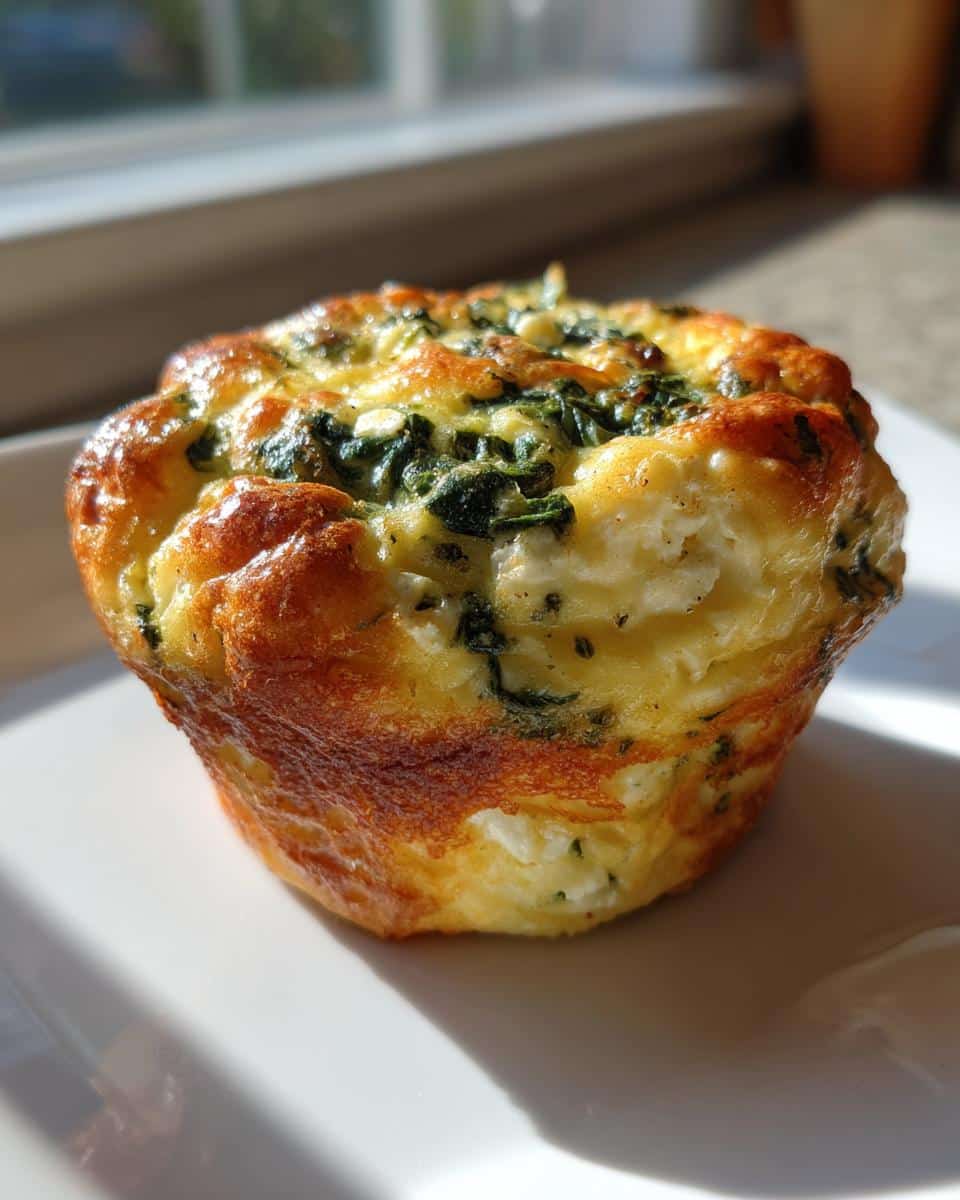 A single, perfectly baked Cottage Cheese Egg Cup With Spinach & Feta on a white plate, with a golden-brown top.