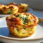 Close-up of a golden brown Cottage Cheese Egg Cup With Spinach & Feta on a white plate, with more in the background.