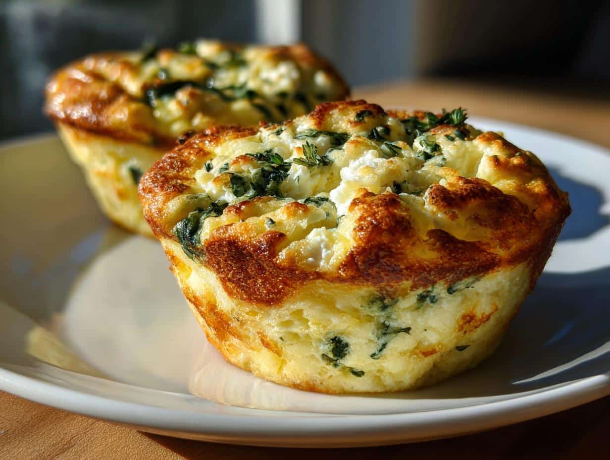 Two golden-brown Cottage Cheese Egg Cups With Spinach & Feta on a white plate, garnished with herbs.