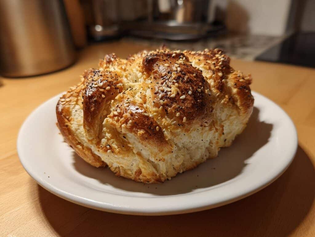 A single, golden brown Cottage Cheese Flagels on a white plate, topped with sesame and poppy seeds.