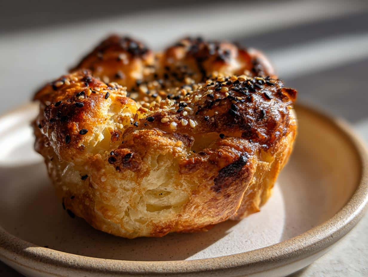 Close-up of a golden brown, flaky Cottage Cheese Flagels topped with black and white sesame seeds on a light plate.