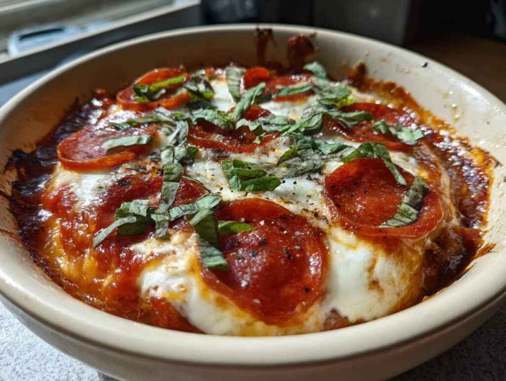 Close-up of a baked Cottage Cheese Pizza Bowl topped with melted cheese, pepperoni, and fresh basil.