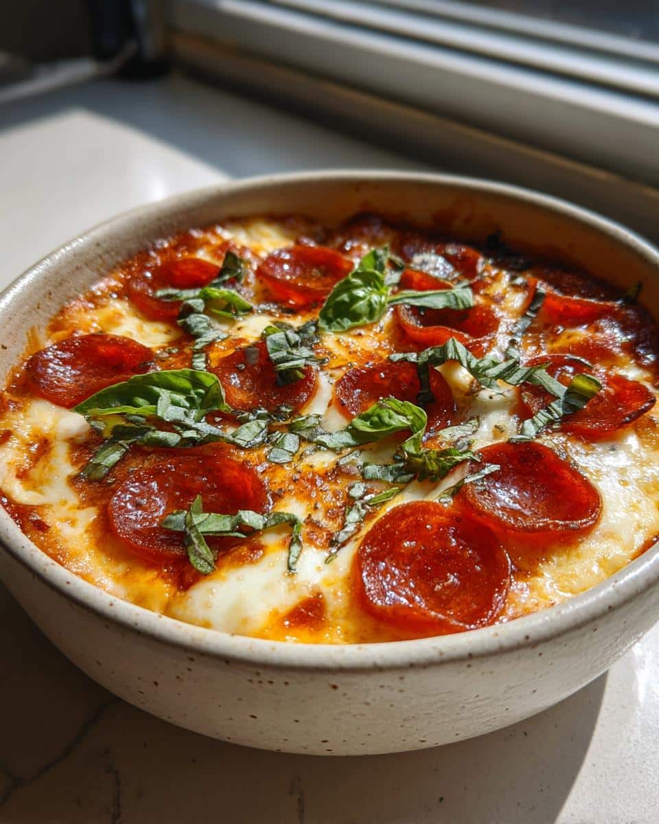 Close-up of a Cottage Cheese Pizza Bowl topped with melted cheese, pepperoni, and fresh basil.