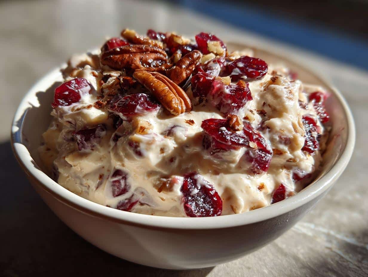 Close-up of a festive cranberry pecan dip in a white bowl, perfect as a christmas appetizers easy crowd pleasing dip.