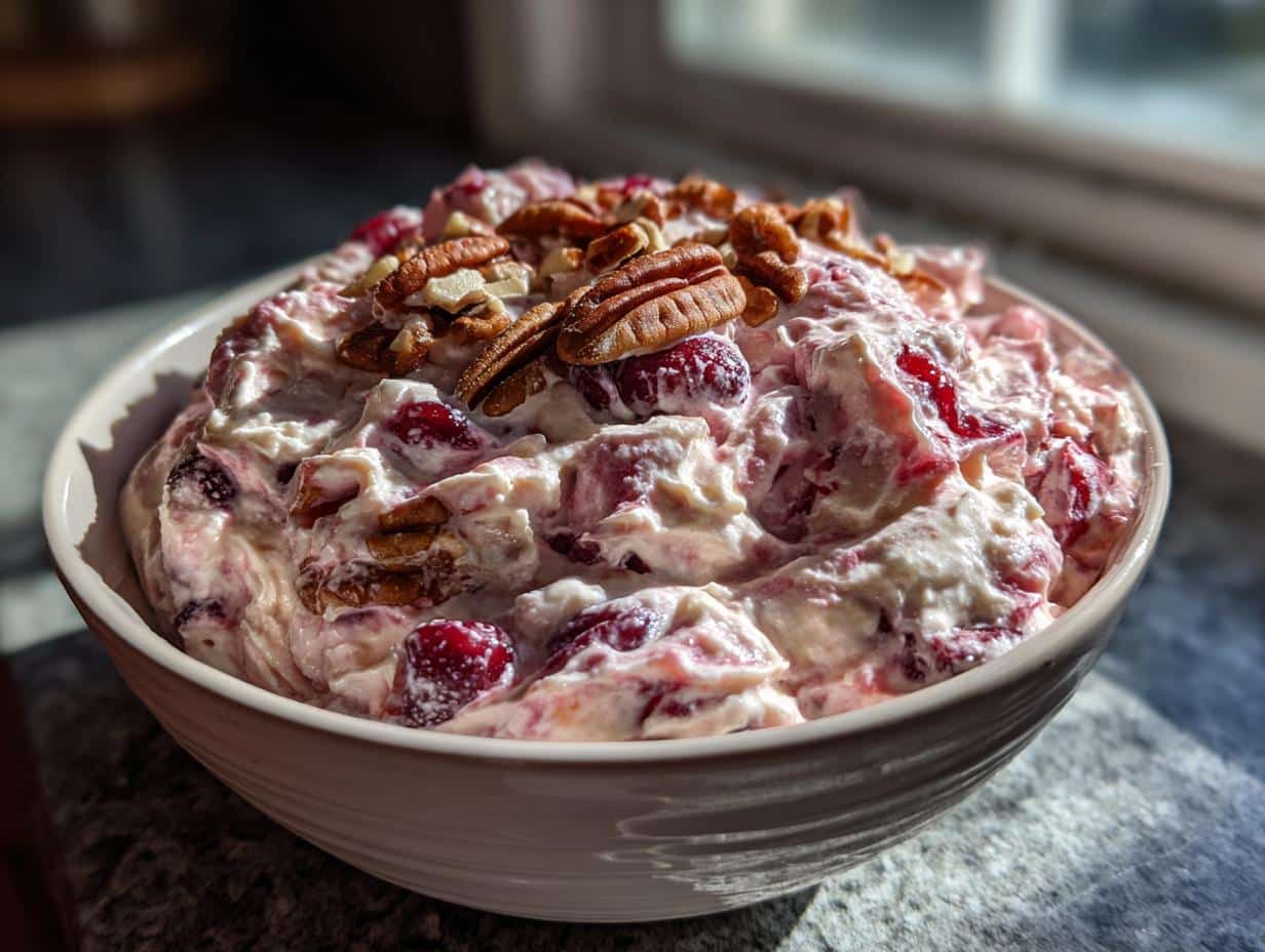 Close-up of a festive cranberry pecan dip in a white bowl, perfect as a christmas appetizers easy crowd pleasing dip.