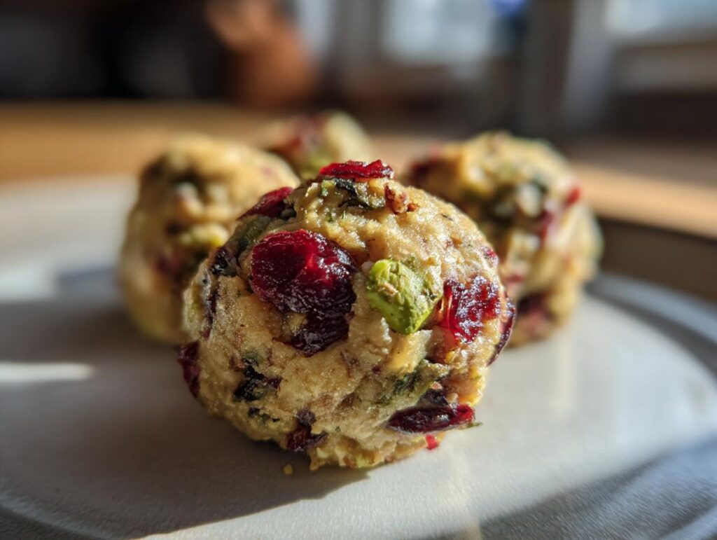 Close-up of several Cranberry Pistachio Protein Bites on a plate, showing vibrant cranberries and green pistachios.