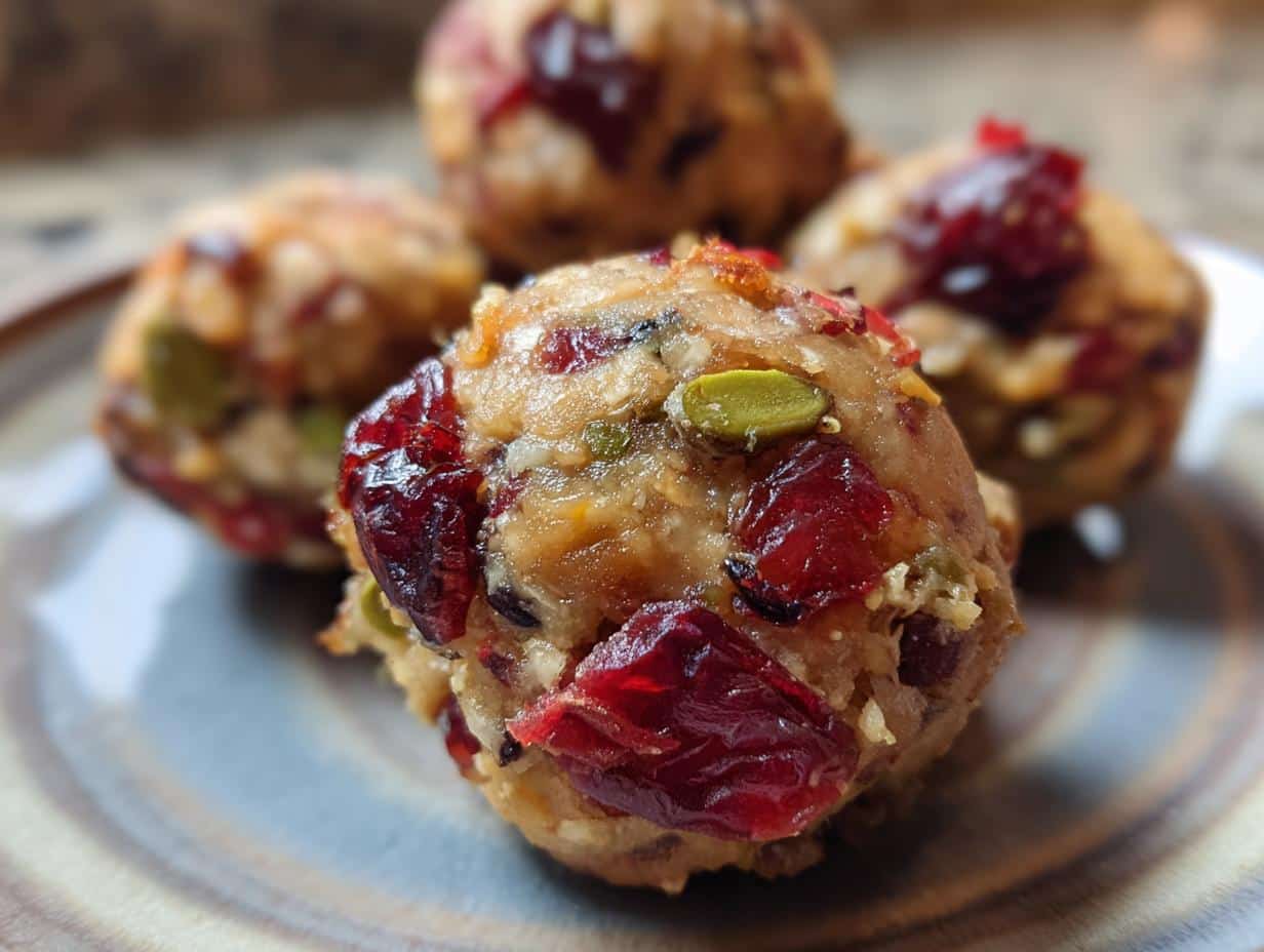 A close-up of several Cranberry Pistachio Protein Bites on a ceramic plate, showing dried cranberries and green pistachios.