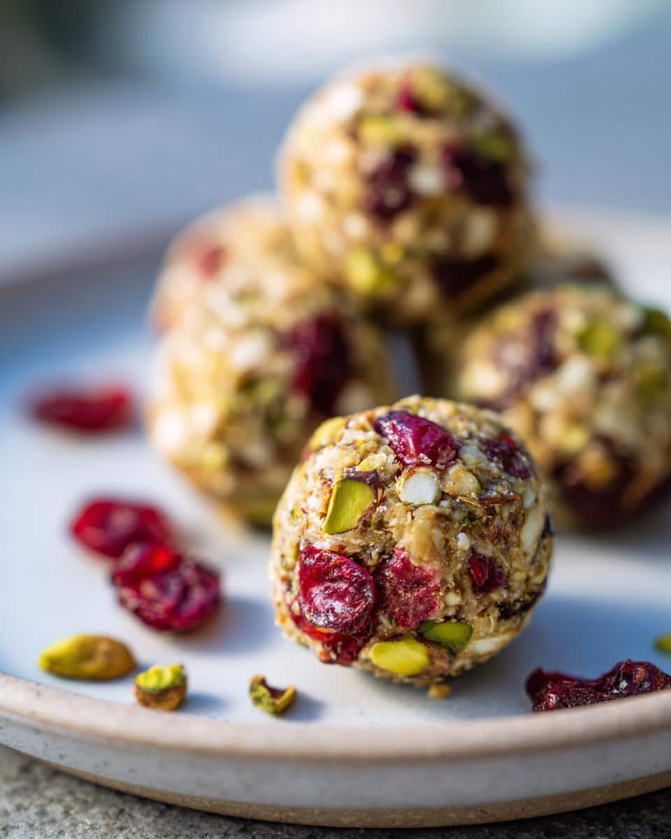 A close-up shot of a single Cranberry Pistachio Protein Bite on a white plate, with more in the background.