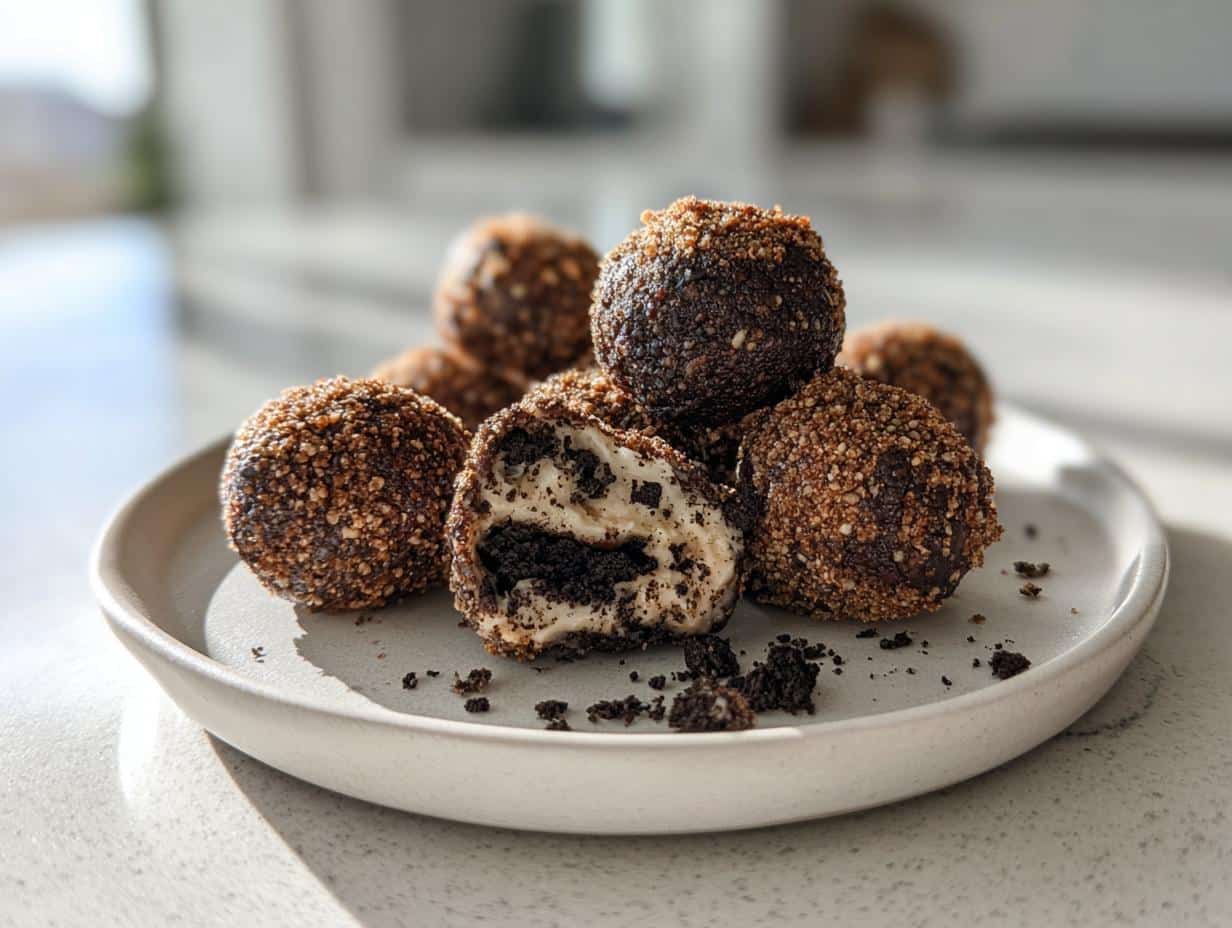 A close-up of Cream Cheese Oreo Protein Balls on a white plate, one ball is cut open revealing the creamy white filling and dark cookie pieces.