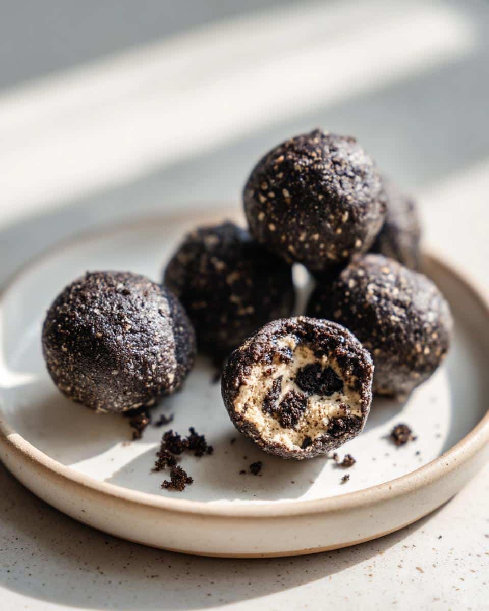 Close-up of Cream Cheese Oreo Protein Balls on a white plate, one ball cut open to show the creamy filling.