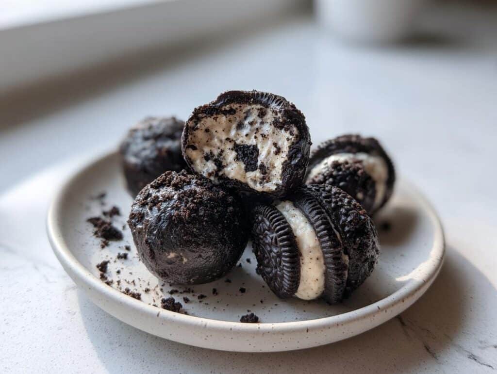 A close-up of Cream Cheese Oreo Protein Balls on a white speckled plate, one cut open to show the creamy filling.