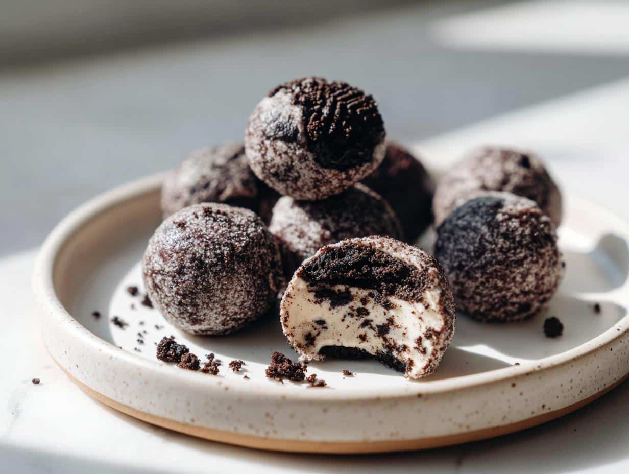 A close-up of several Cream Cheese Oreo Protein Balls on a white plate, one with a bite taken out revealing the creamy center.