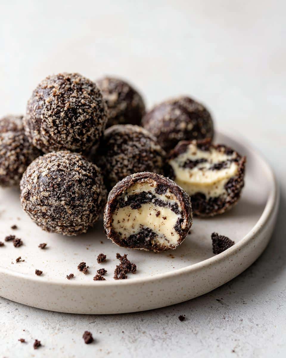 A close-up shot of Cream Cheese Oreo Protein Balls on a white plate, with one cut open to show the creamy filling.