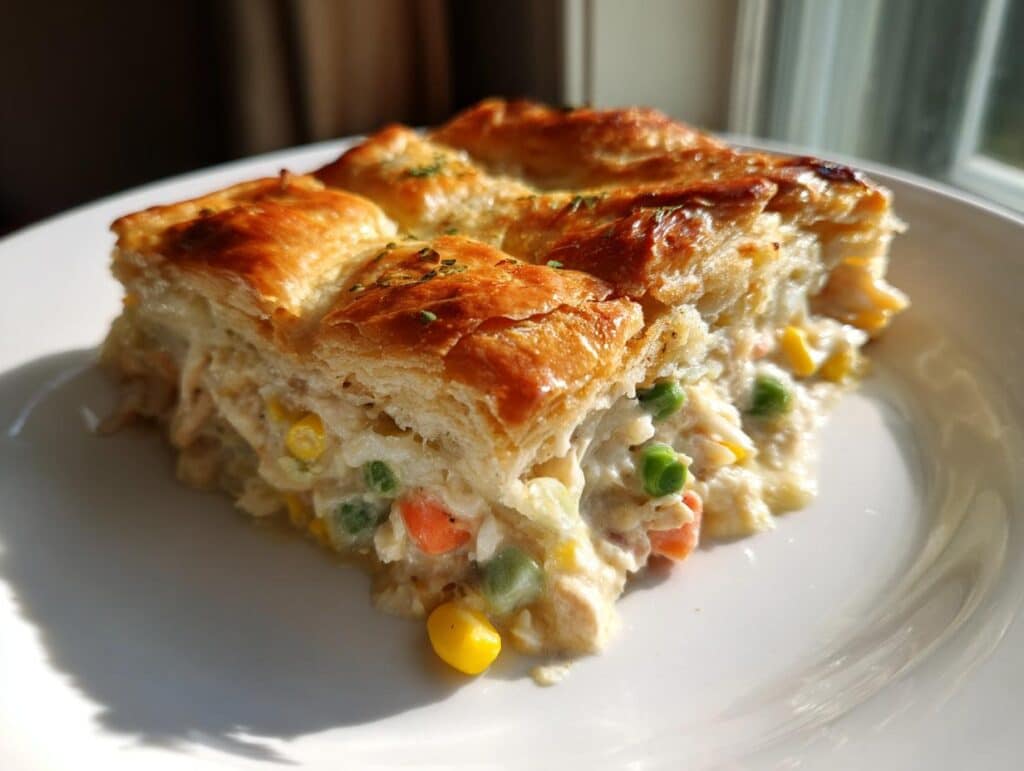 A close-up of a golden-brown slice of Creamy Chicken Pot Pie Casserole on a white plate, showing flaky crust and creamy filling.