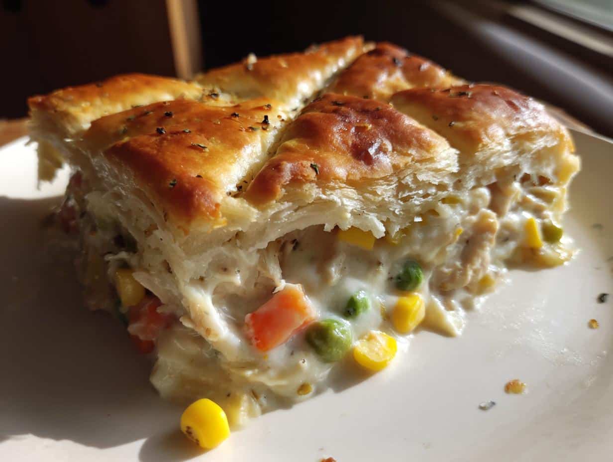A close-up of a golden-brown slice of Creamy Chicken Pot Pie Casserole with flaky pastry crust and creamy filling.
