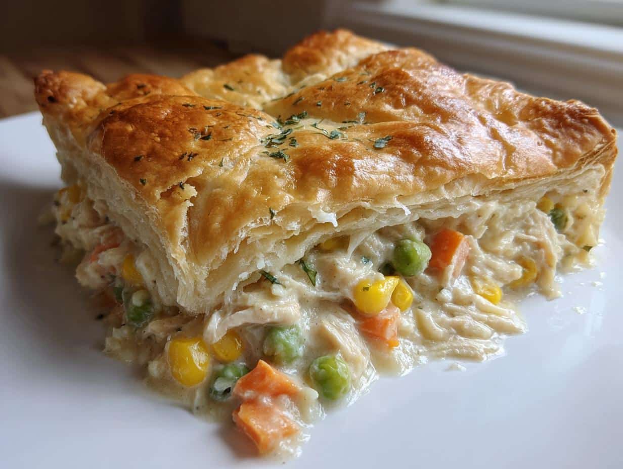 A close-up of a generous slice of Creamy Chicken Pot Pie Casserole, showing flaky golden crust and creamy filling.