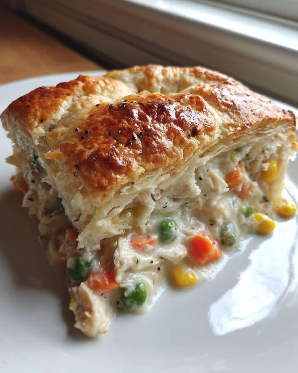 A close-up of a single serving of Creamy Chicken Pot Pie Casserole with a golden, flaky puff pastry crust and creamy filling.