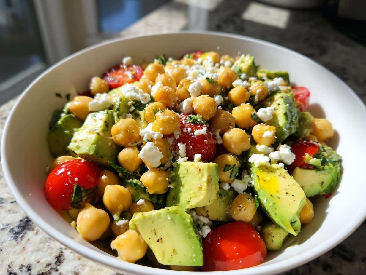 A vibrant bowl of Creamy Chickpea Feta Avocado Salad with cherry tomatoes and herbs, glistening with dressing.