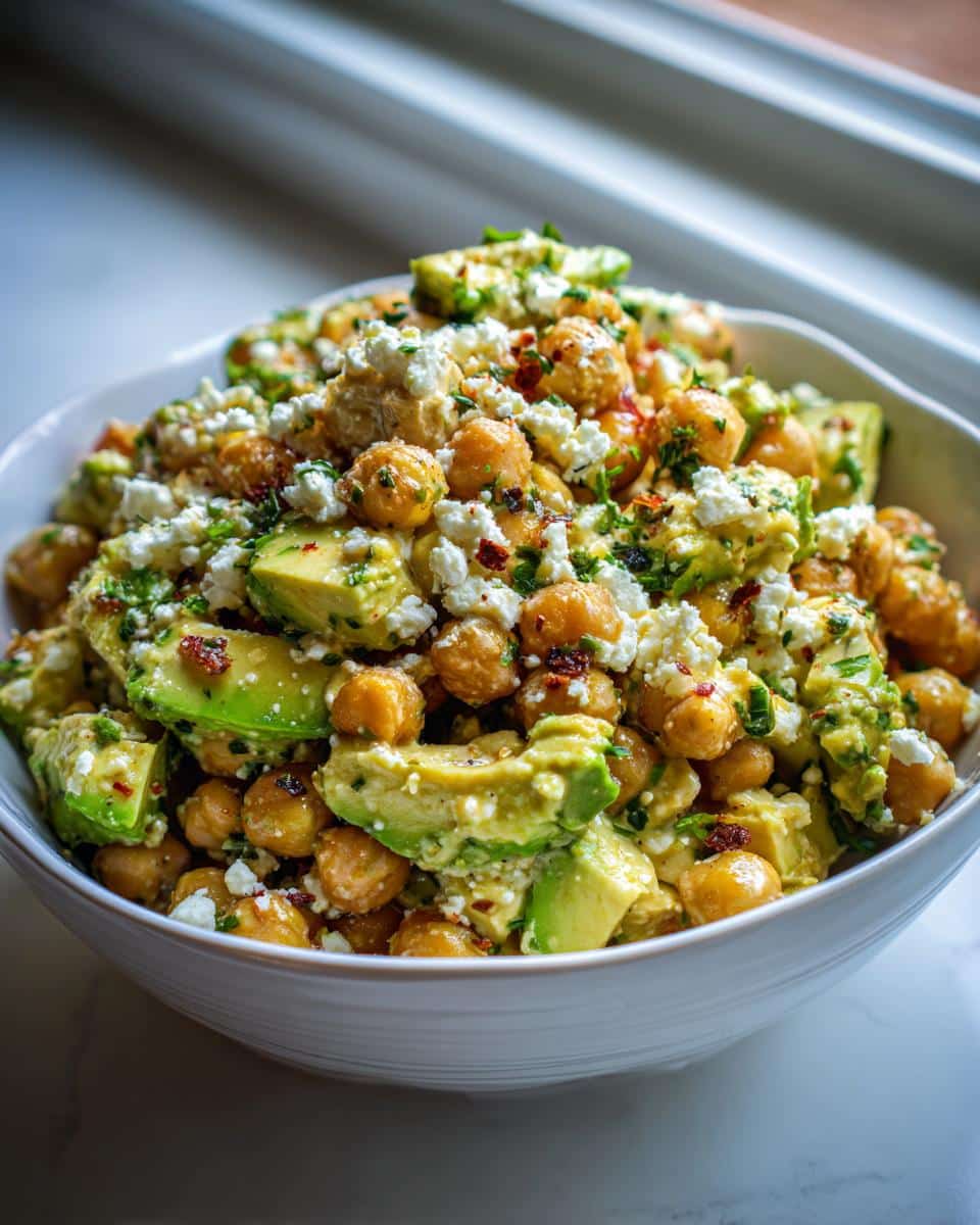 Close-up of a vibrant Creamy Chickpea Feta Avocado Salad in a white bowl, garnished with herbs and spices.