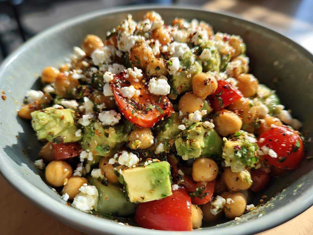 Close-up of a vibrant Creamy Chickpea Feta Avocado Salad in a bowl, showing chickpeas, avocado chunks, tomatoes, and crumbled feta cheese.