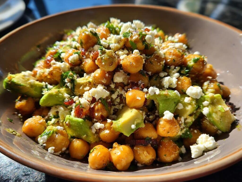 Close-up of a bowl of Creamy Chickpea Feta Avocado Salad, featuring chickpeas, avocado chunks, and crumbled feta cheese.