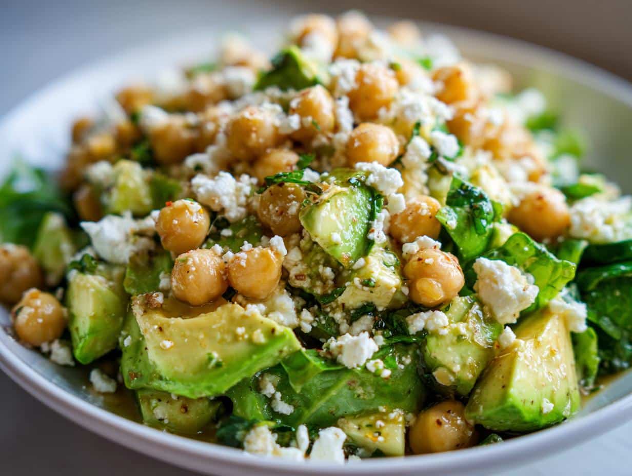 Close-up of a vibrant Creamy Chickpea Feta Avocado Salad with chickpeas, avocado chunks, crumbled feta, and green leaves.