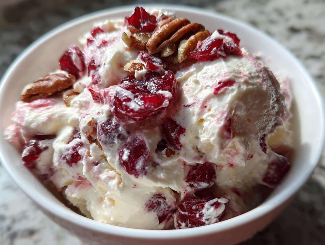 Close-up of a white bowl filled with a creamy christmas appetizers easy crowd pleasing dip, featuring red cranberries and pecan pieces.