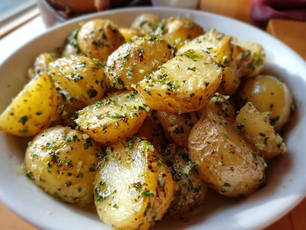 Close-up of a white bowl filled with golden-brown CREAMY GARLIC SAUCE BABY POTATOES, garnished with fresh herbs.