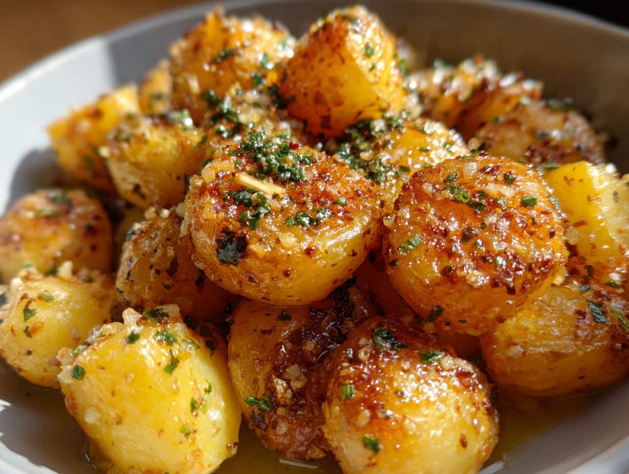 A close-up of golden-brown CREAMY GARLIC SAUCE BABY POTATOES, garnished with fresh herbs and garlic bits.