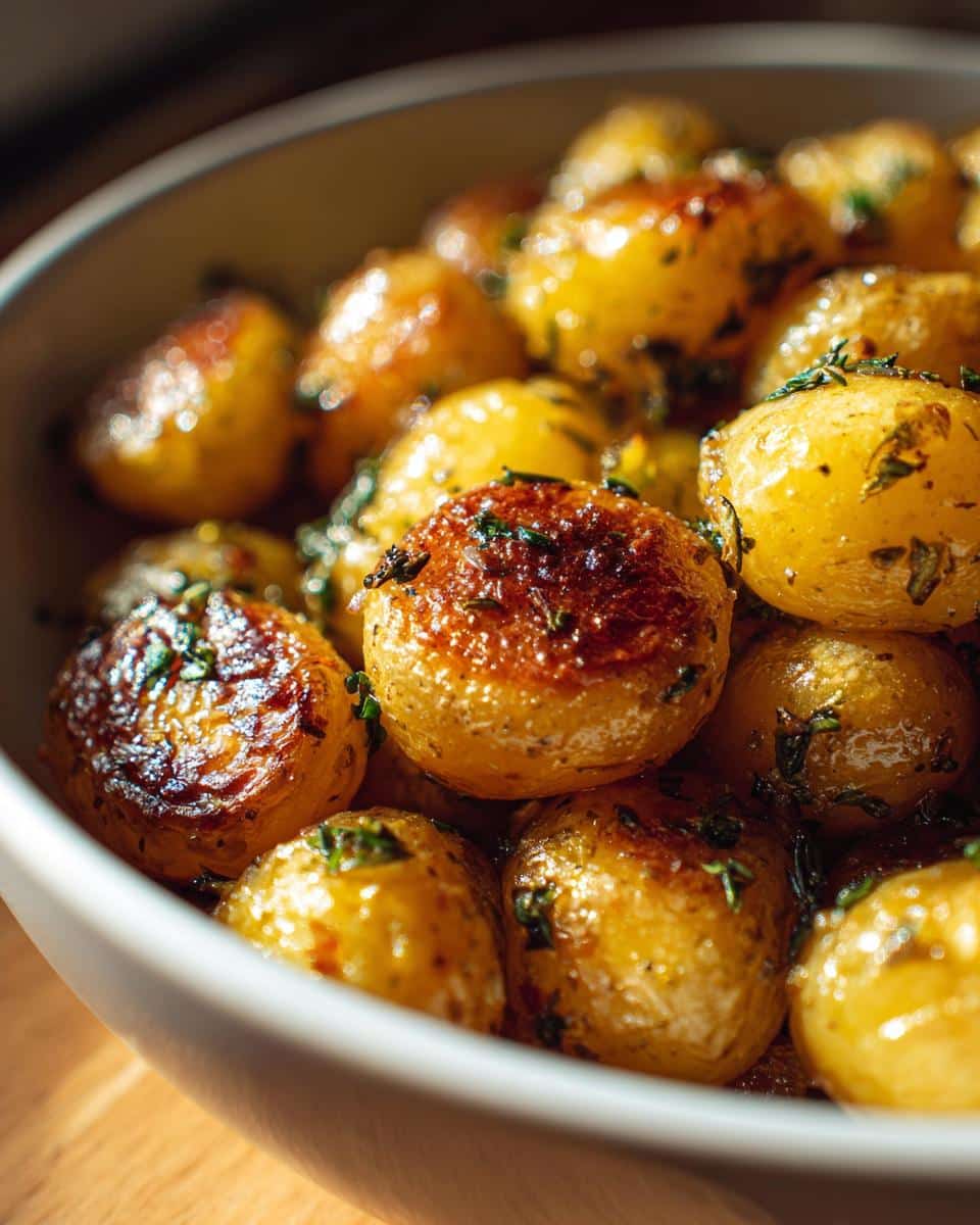 Close-up of golden brown CREAMY GARLIC SAUCE BABY POTATOES in a white bowl, garnished with herbs.