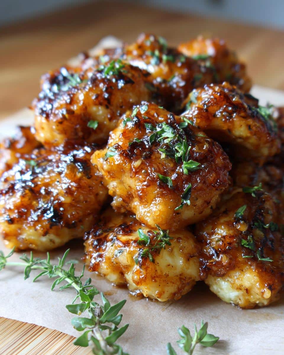 Close-up of a pile of golden-brown CREAMY GARLIC SAUCE BABY POTATOES, glistening with sauce and garnished with fresh herbs.