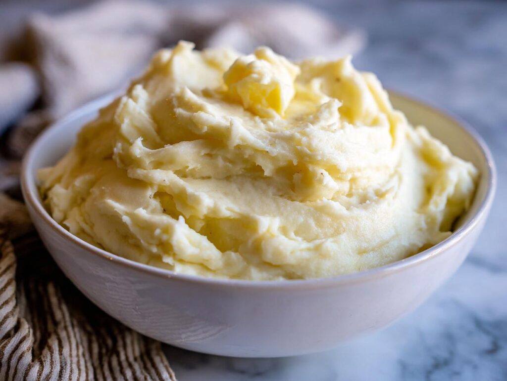 A bowl of creamy mashed potatoes, topped with a pat of butter, ready to serve.