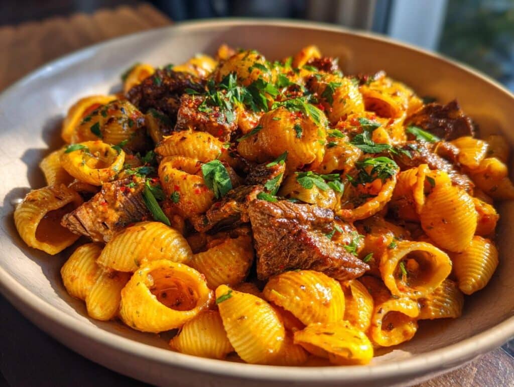 A close-up of a bowl filled with Creamy Paprika Steak Shells Comfort Dish, garnished with fresh parsley and red pepper flakes.