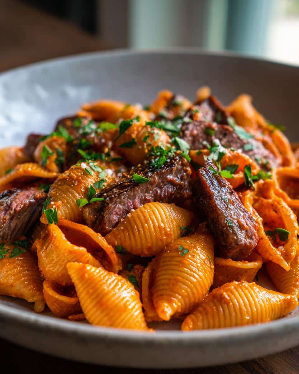 A close-up of a bowl filled with Creamy Paprika Steak Shells Comfort Dish, garnished with fresh parsley and grated cheese.