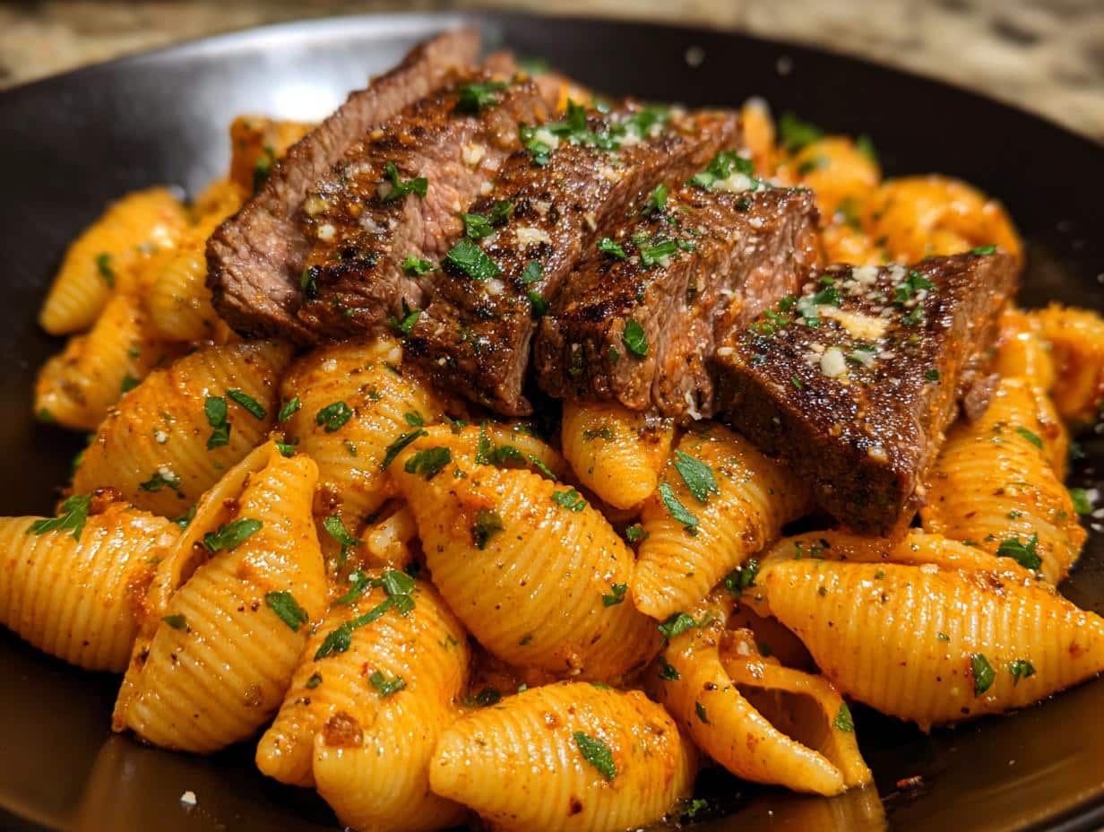 A close-up of a plate of Creamy Paprika Steak Shells Comfort Dish, featuring sliced steak over shell pasta in a creamy sauce, garnished with herbs.