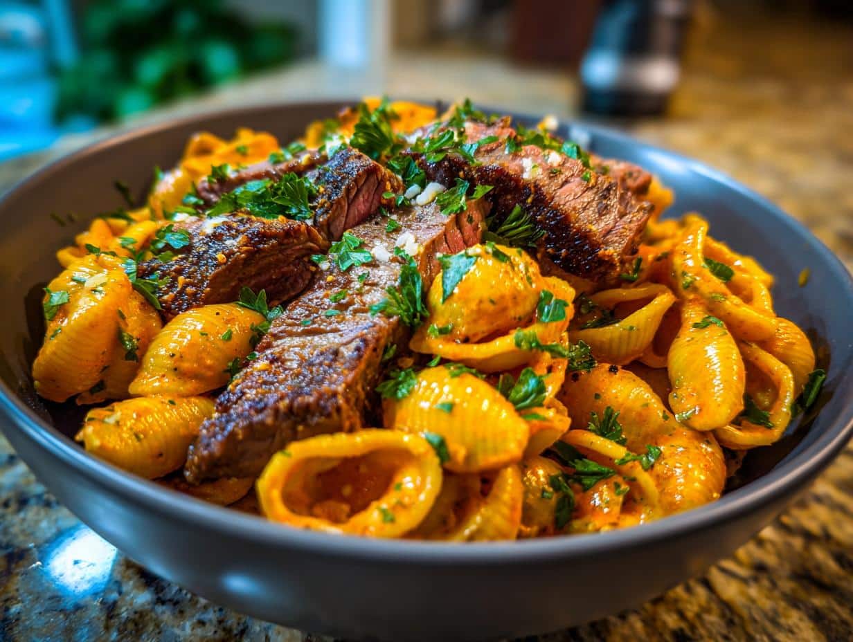 Close-up of a bowl of Creamy Paprika Steak Shells Comfort Dish, featuring sliced steak, shell pasta, and fresh parsley.