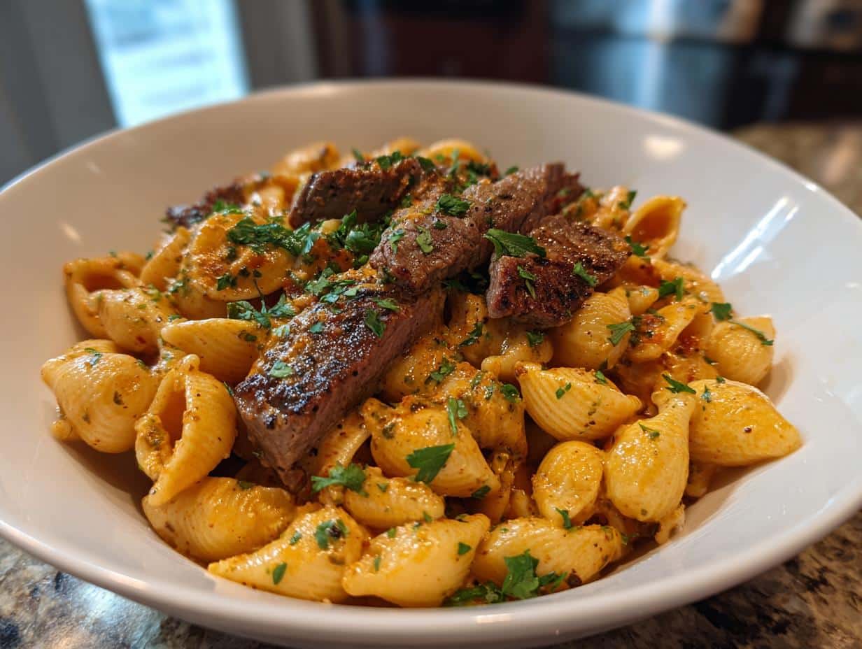 A close-up shot of a bowl filled with Creamy Paprika Steak Shells Comfort Dish, garnished with fresh parsley.