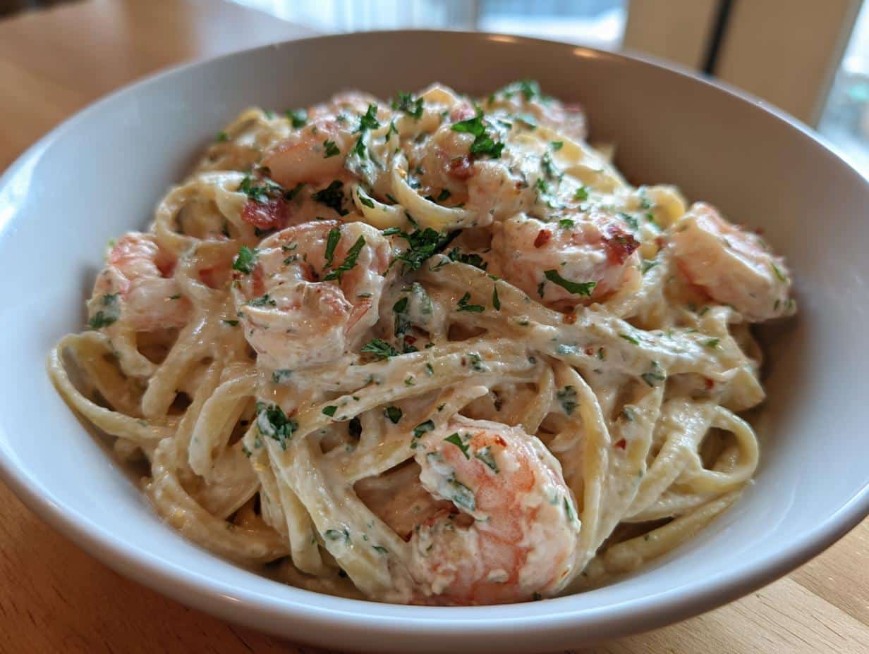 A close-up of a bowl filled with Creamy Shrimp Alfredo Recipe, garnished with fresh parsley and red pepper flakes.
