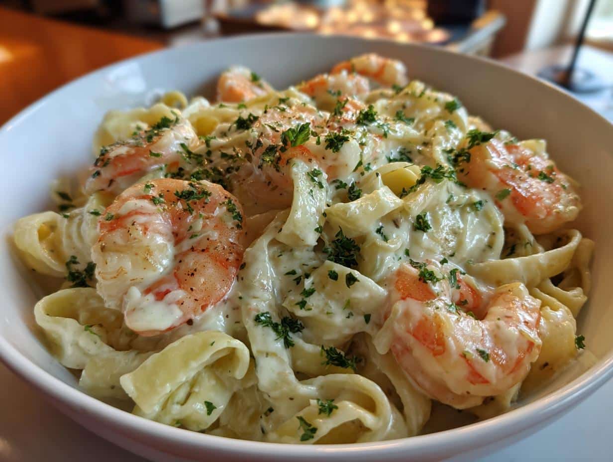 Close-up of a bowl of Creamy Shrimp Alfredo Recipe, featuring pasta, plump shrimp, and a rich white sauce, garnished with parsley.