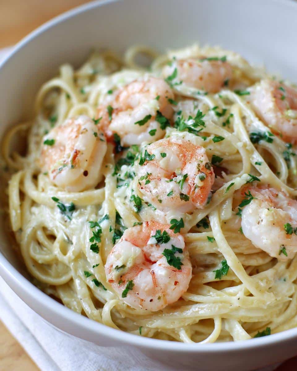 A close-up shot of a white bowl filled with Creamy Shrimp Alfredo Recipe, garnished with fresh parsley.